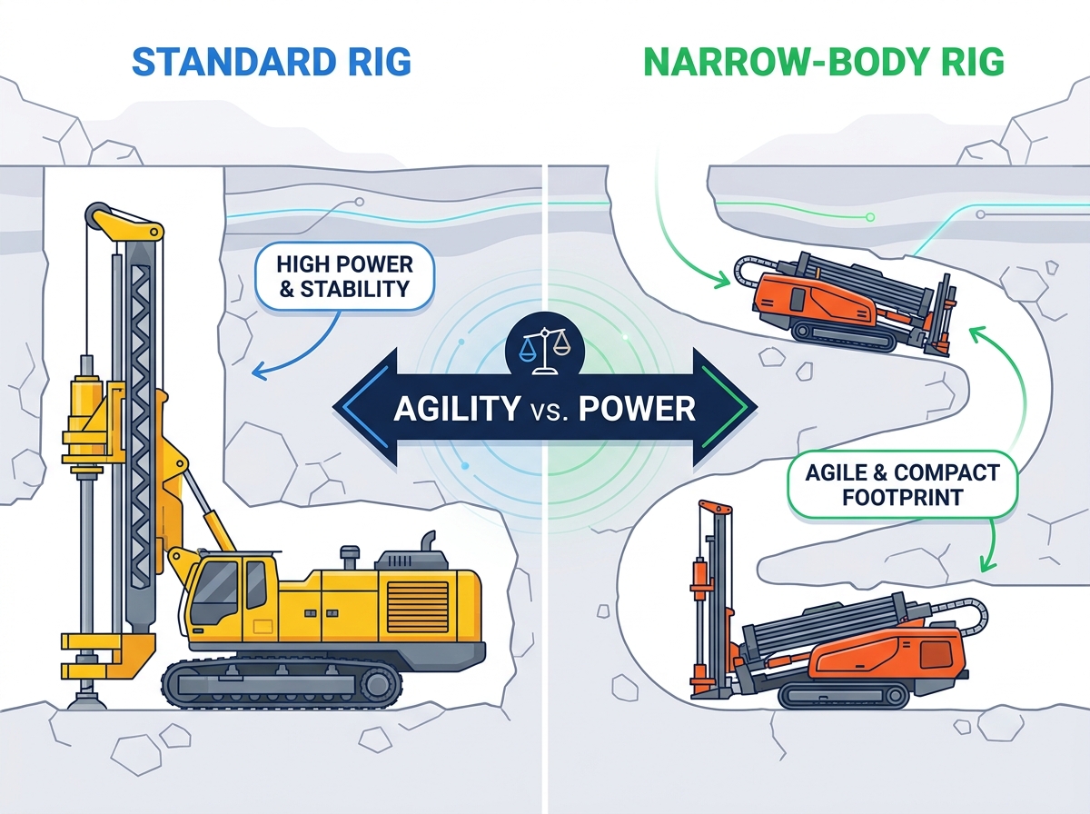 Narrow-body directional drilling rig operating in an underground coal mine
