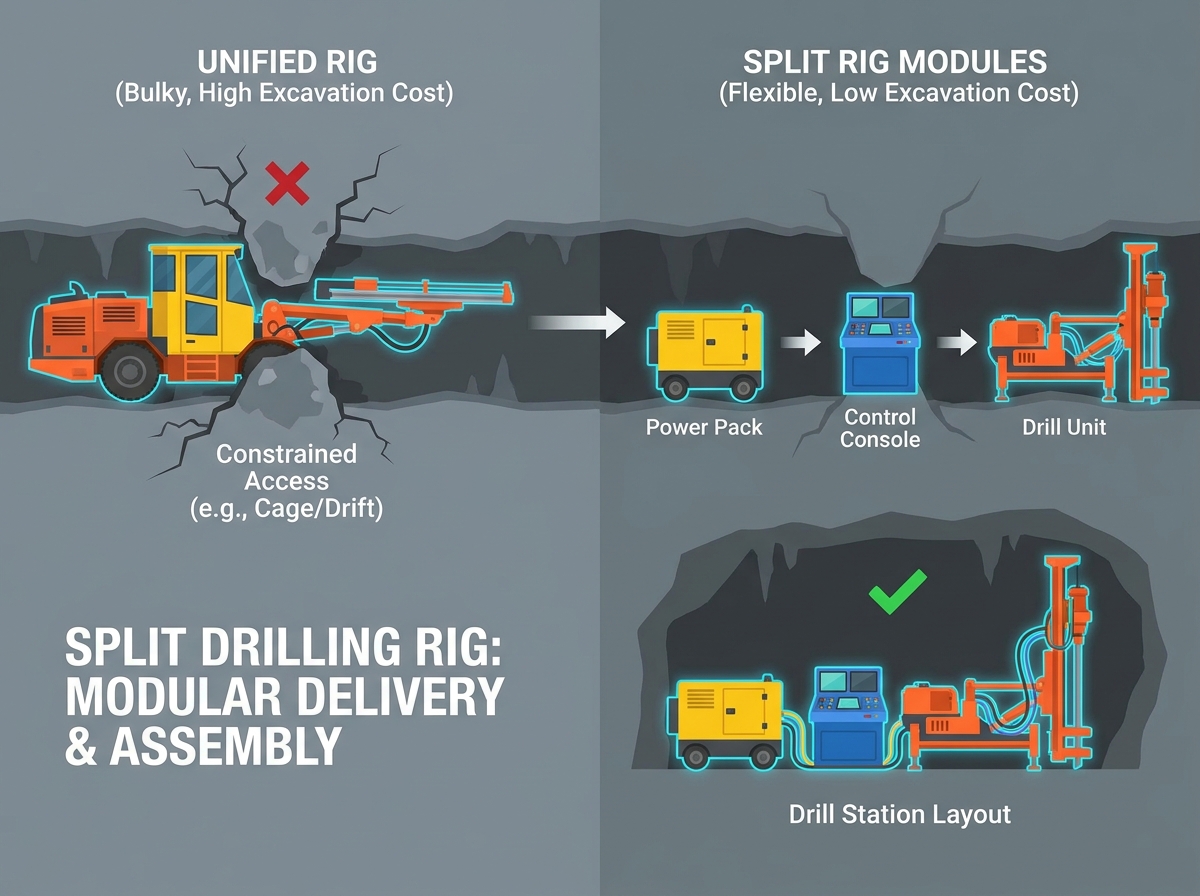 Split drilling rig delivery in underground environment