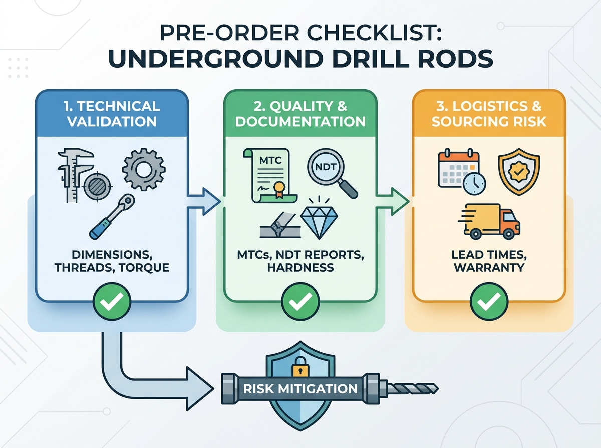 Underground drill rods stacked for system compatibility inspection