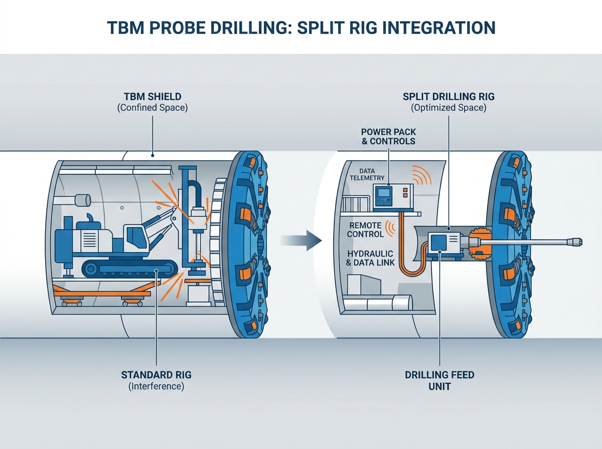 TBM probe drilling rig mounting and spatial integration inside a tunnel boring machine